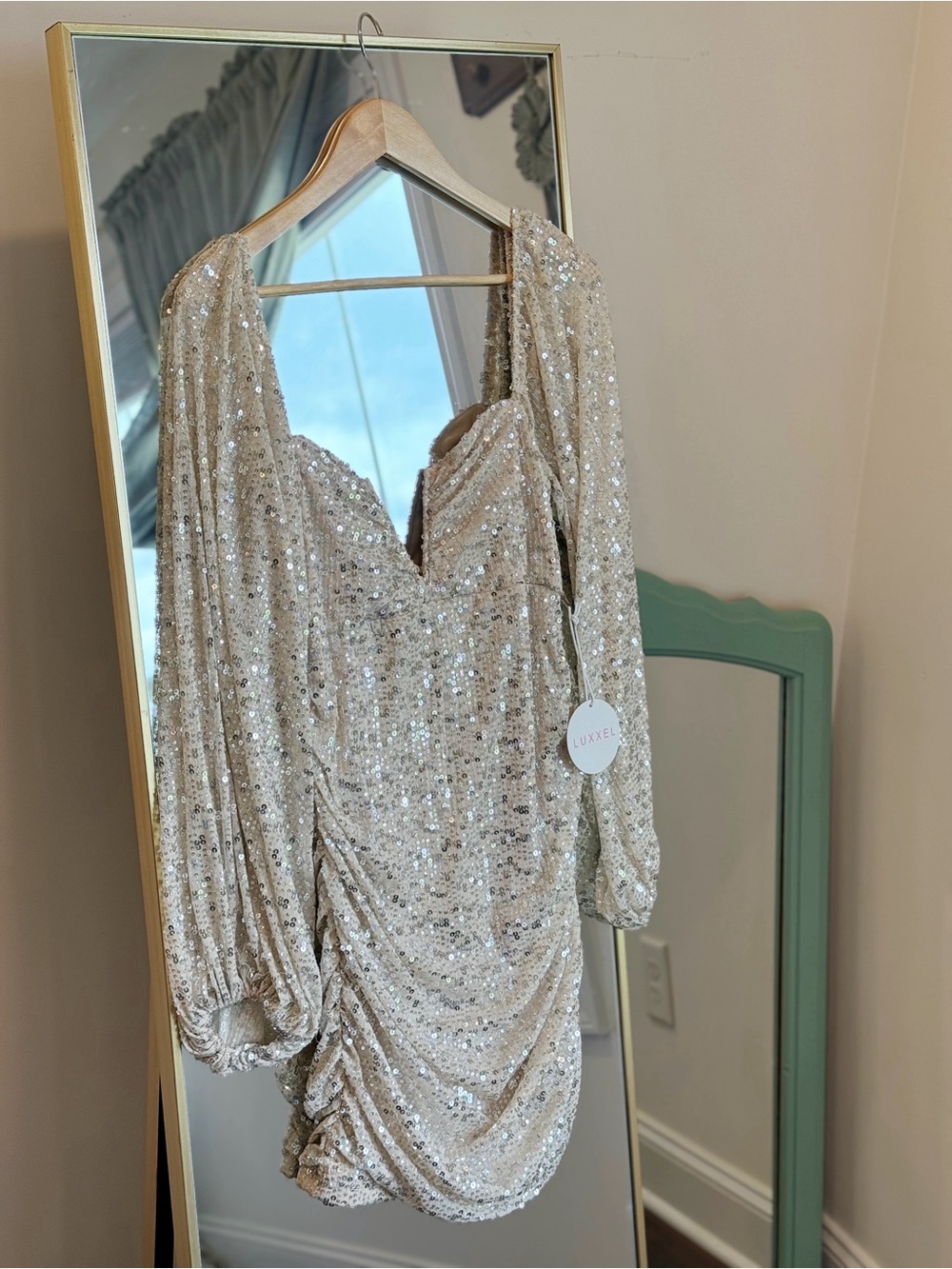 NWT Luxxel Sparkling Sequin Ruched Mini Dress in Champagne Gold